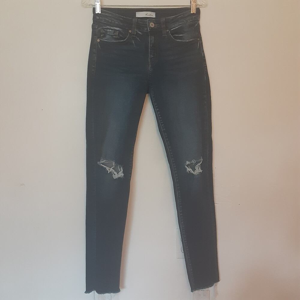 Kancan Jeans Womens 7/27 Distressed Raw Hem Mid Rise Medium Wash